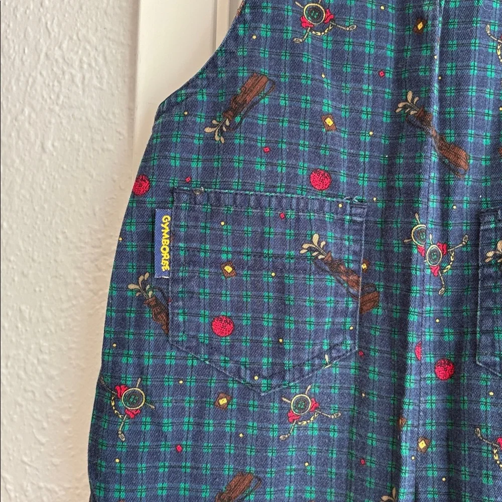 VINTAGE Gymboree Navy Plaid Gold Print Overalls